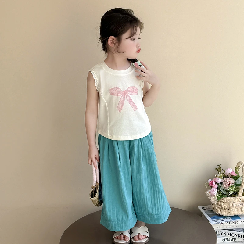 女童休闲无袖套装宝宝夏季阔腿防蚊裤儿童蝴蝶结衣服2025新款背心