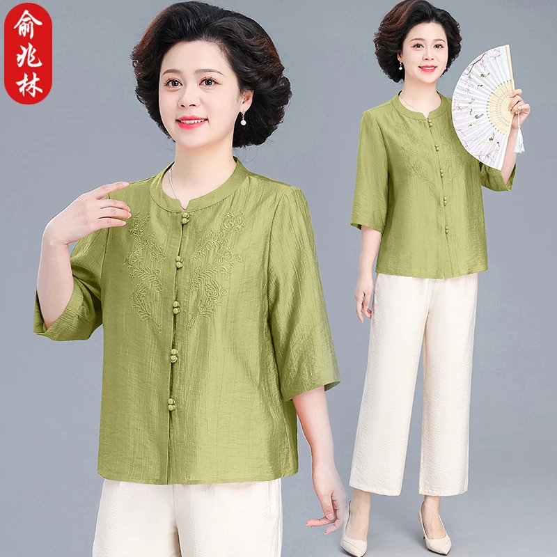 俞兆林妈妈夏装套装阔太太衬衫新款中老年人春夏中袖t恤女两件套