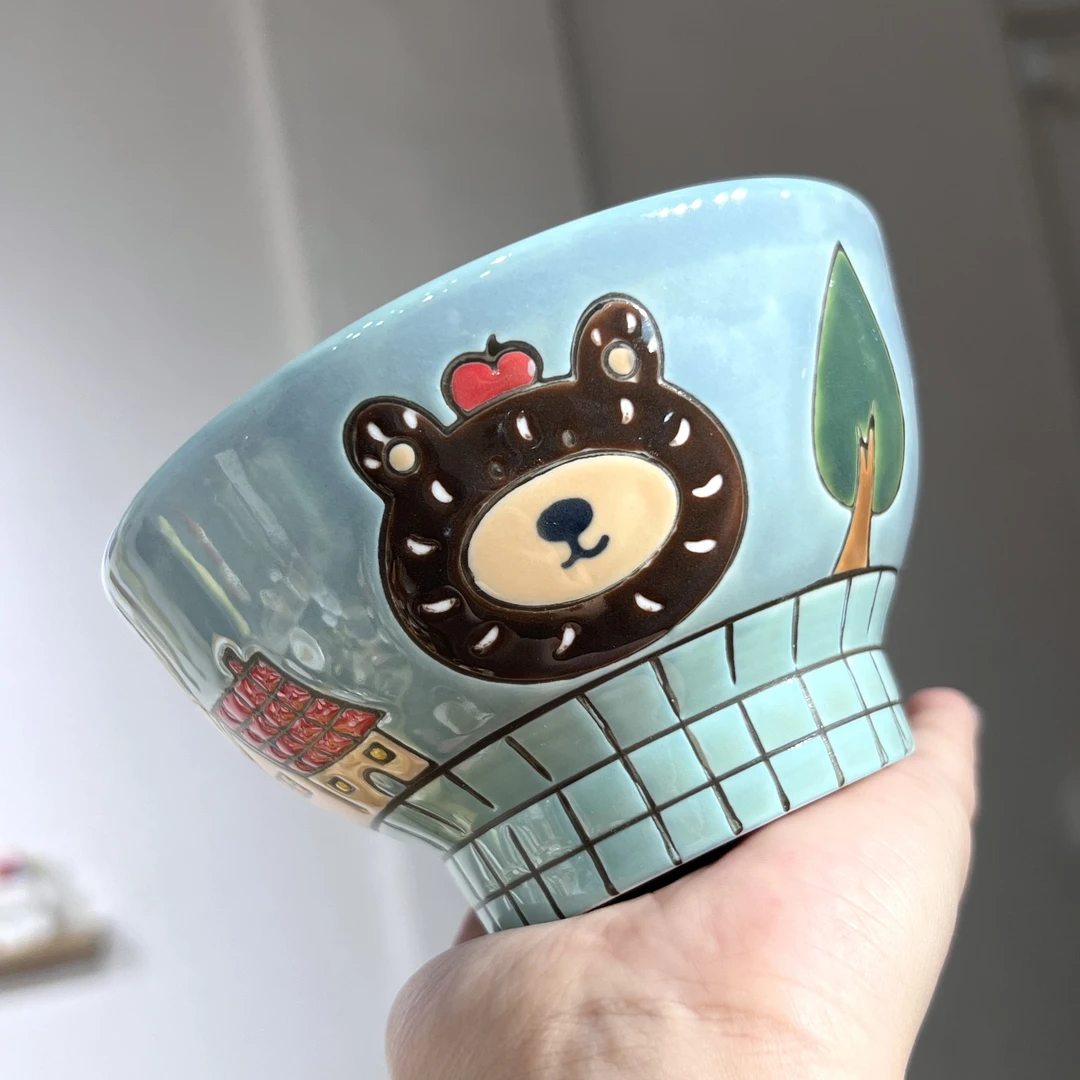 【嘟嘟好】小熊的家斗笠碗陶瓷米饭碗5英寸汤碗家用小狗可爱早餐碗