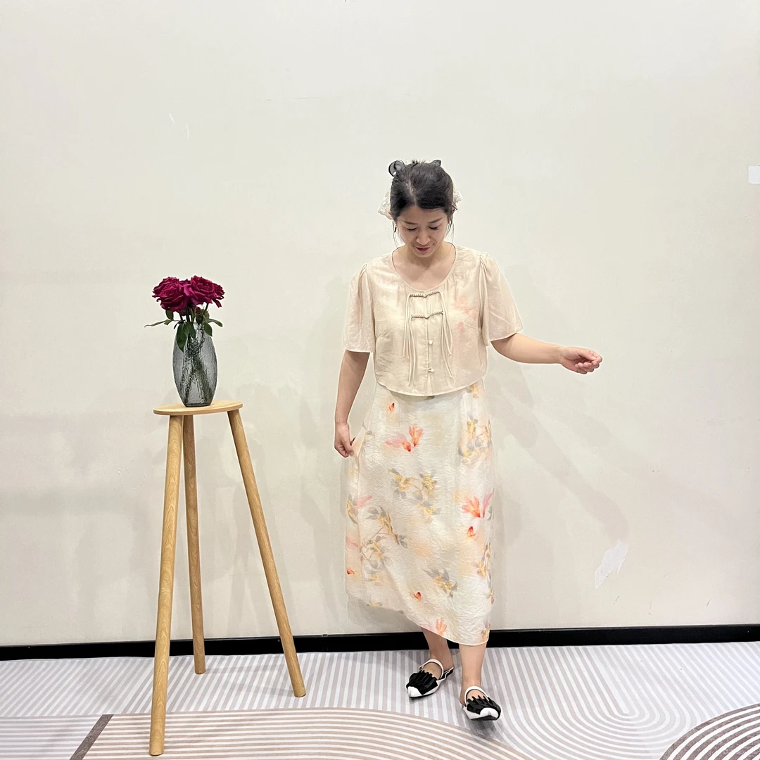 夏季时尚长裙百搭盘扣外搭国风新复古风气质两件套套装上衣短袖