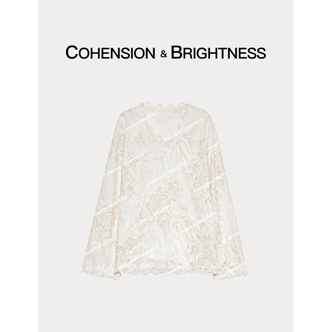 凝慧真的好【富贵牡丹】法式气质V领蕾丝花朵百搭打底衫CQ225