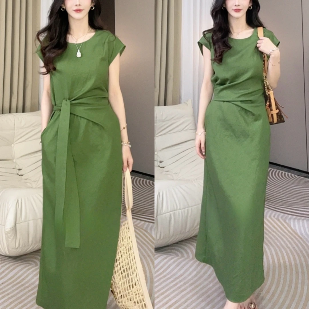 2025年夏季新款时尚设计感气质收腰显瘦飞飞袖中长款休闲连衣裙子