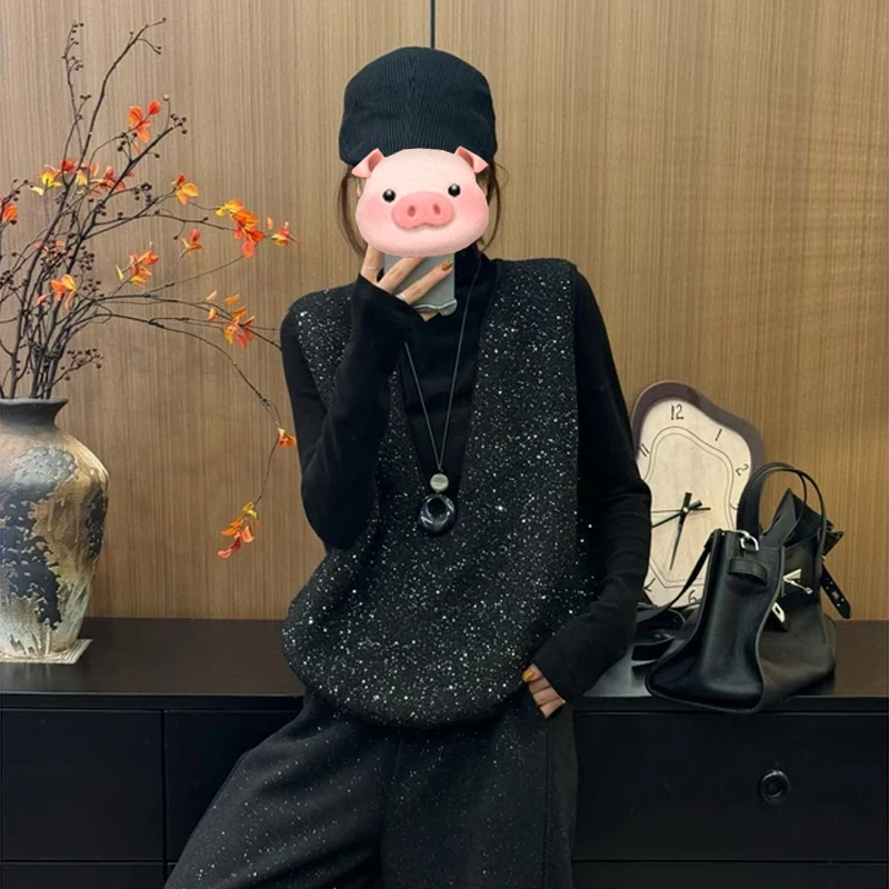 套头毛衣感重工细闪亮片针织马甲背心女秋冬季叠穿外搭保暖小上衣