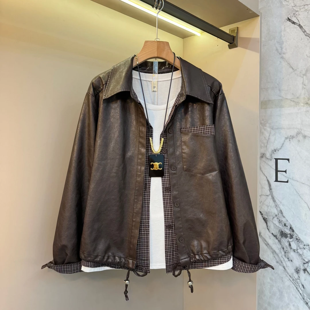 2025秋季新款时尚大码休闲显瘦胖mm宽松百搭pu拼接格子外套2555