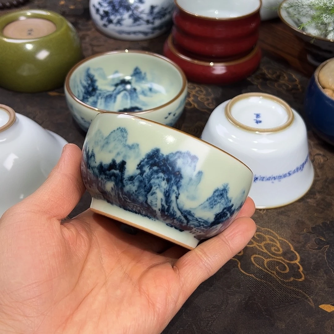 玉石青不开片山水禅定杯