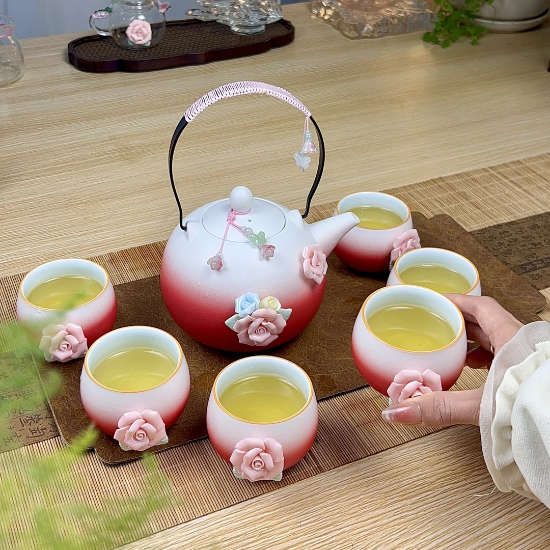 大容量茶壶陶瓷纯手工捏花提梁壶高档女性茶具功夫茶具家用茶套装