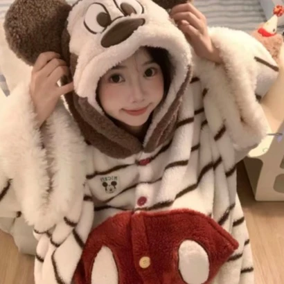 家居服套装睡袍秋冬季卡通大码珊瑚绒毛绒保暖加绒米奇可爱女长裤