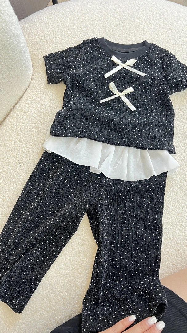 女童套装短袖长裤薄款2025新款夏季韩版烫钻套装裤子短袖上衣