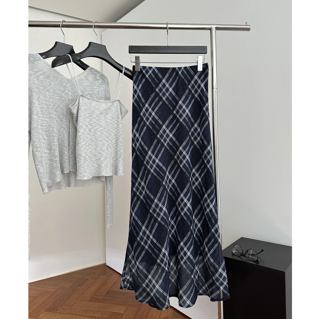 夏季新款飘逸薄款网纱格子半身裙女法式复古百搭高腰显瘦A字长裙