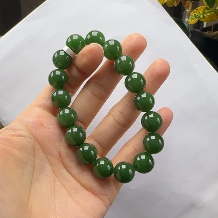 飞***运和田玉未镶嵌手链菠菜绿卡12m