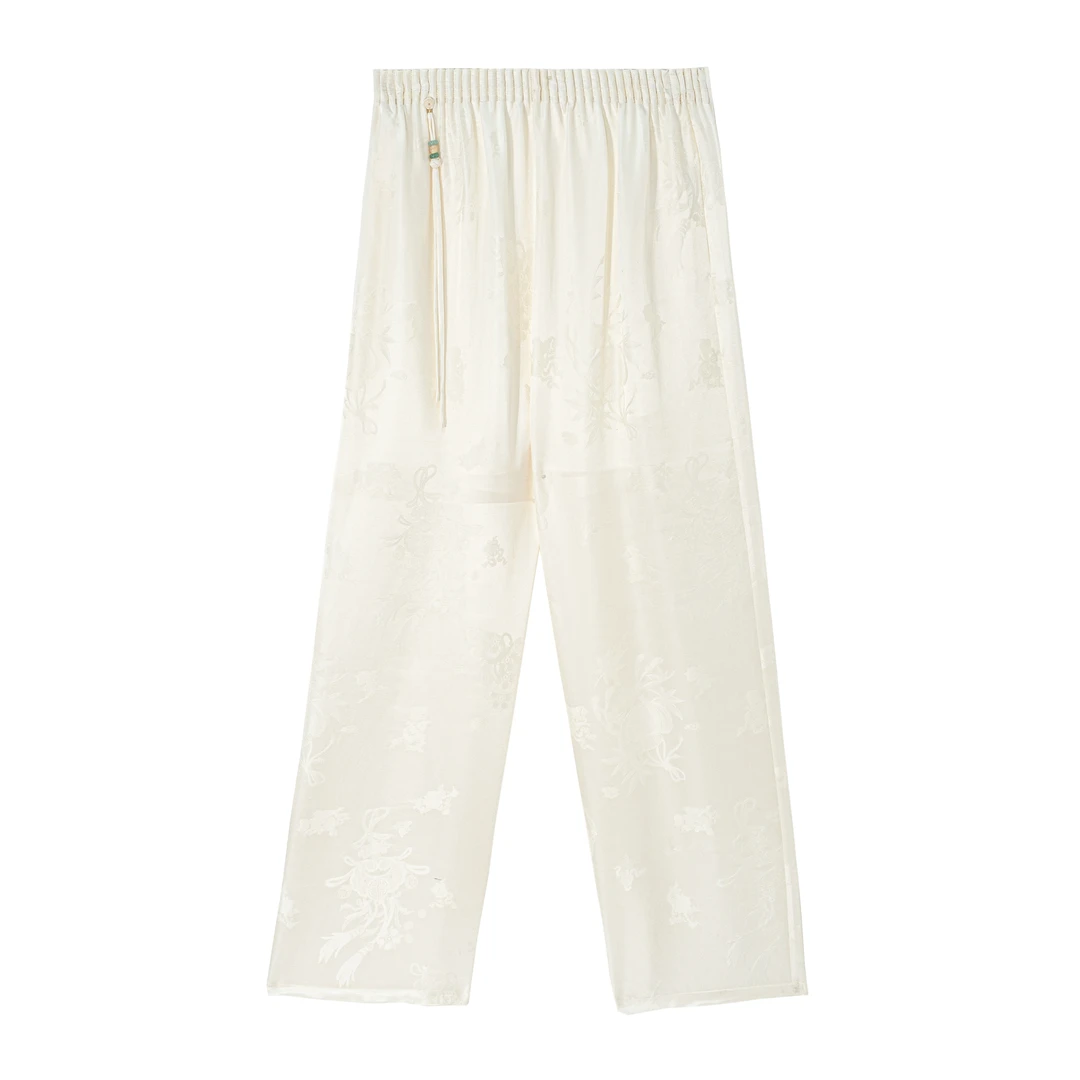 【逸白】新中式桑蚕丝新中式薄款直筒裤提花百搭休闲阔腿裤25152
