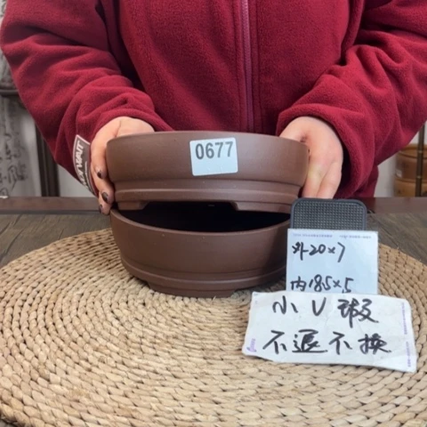 紫砂花盆微瑕紫泥浅圆两只0677