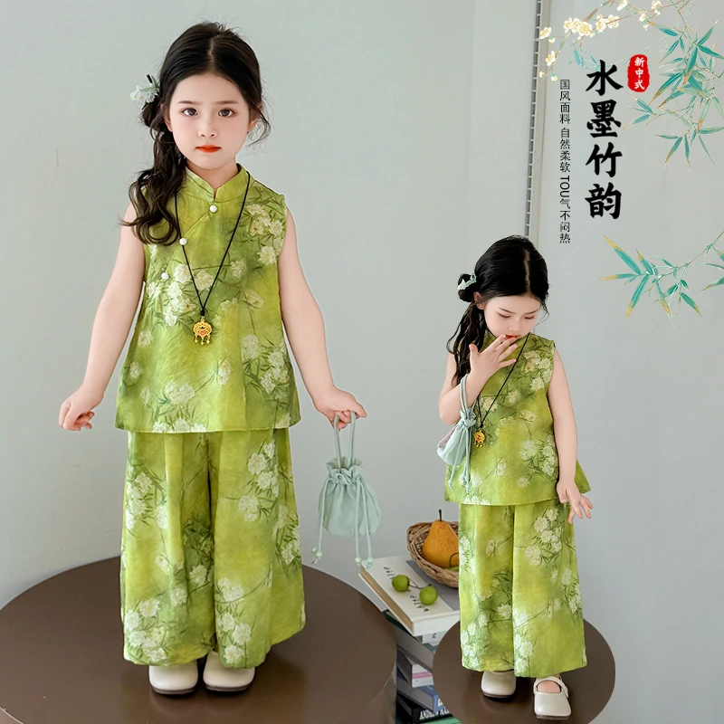 女童夏季新中式套装2025新款儿童国风无袖阔腿裤女宝宝薄款两件套