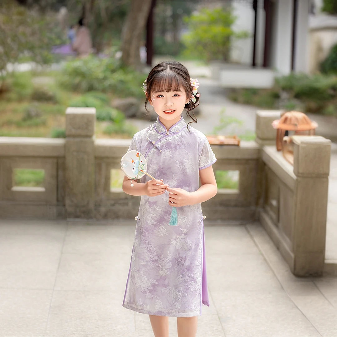 儿童旗袍气质女童奥黛紫色复古大童夏季中式演出服国风薄款公主