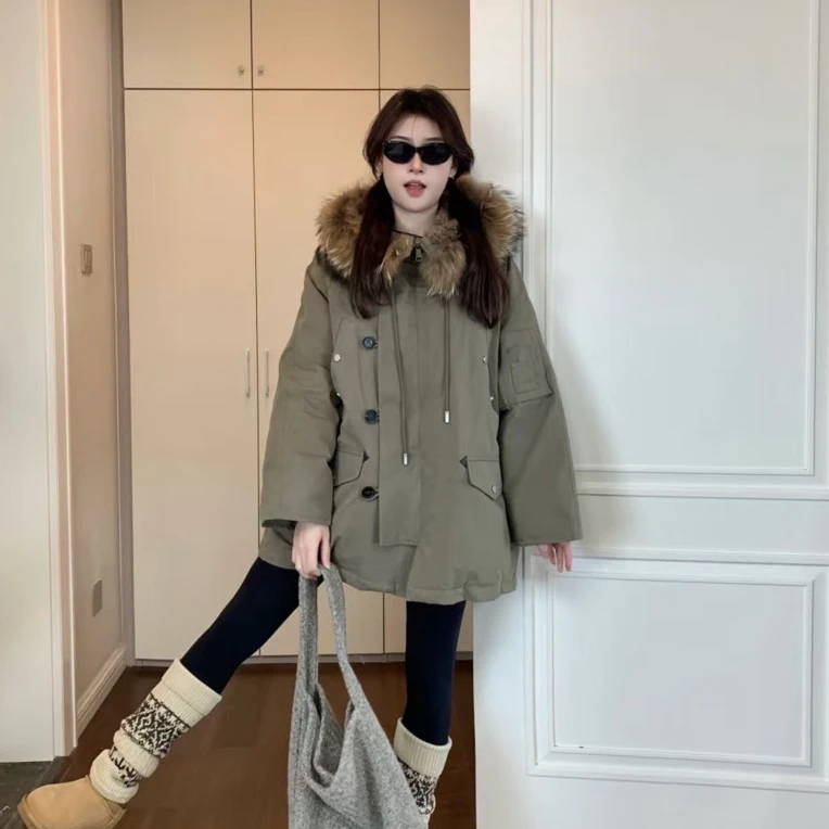 ZYD 沿海公路 工装连帽貉子毛领宽松兔毛一体内胆羽绒派克服外套