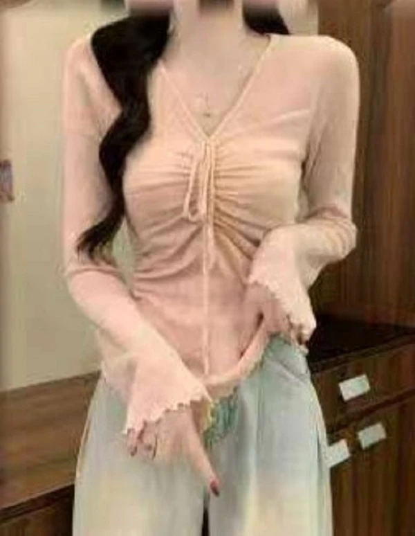 V领褶皱绑带防晒镂空收腰辣妹T恤秋季性感修身纯欲风
