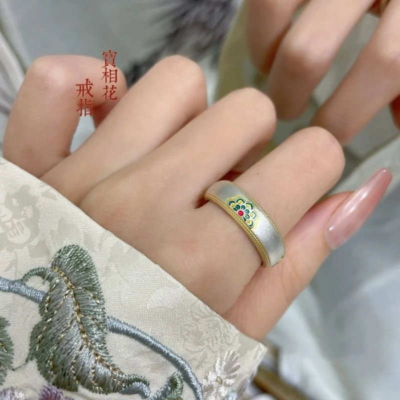 足银戒指 9999足银珐琅106宝相花如意戒指古法中式实心纯银莲花