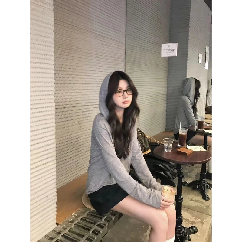 灰色连帽针织长袖T恤女夏季设计感小众休闲气质宽松慵懒显瘦上衣