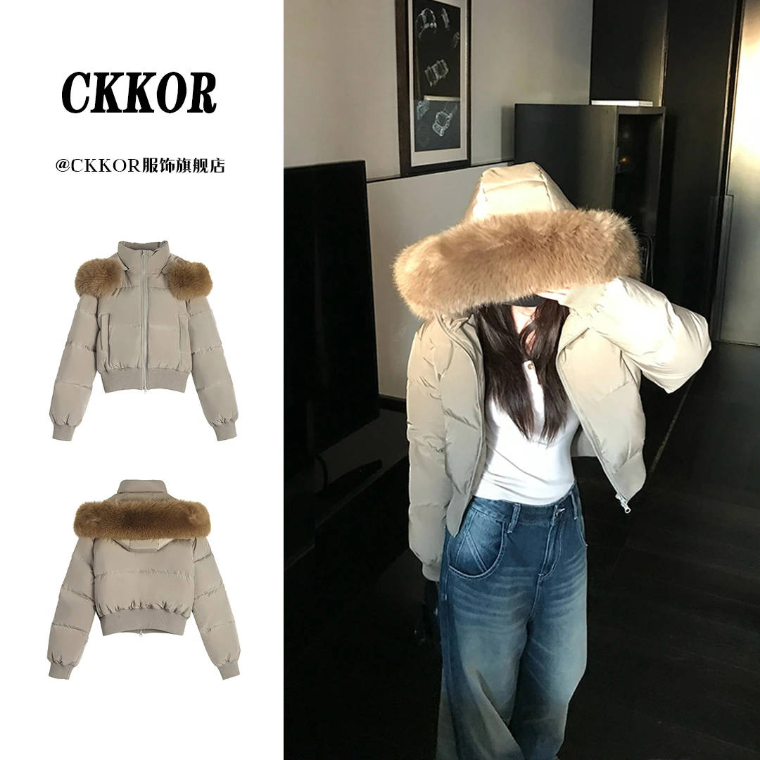 CKKOR美式复古毛领连帽开衫短款棉服秋冬新款收腰加厚设计感棉衣