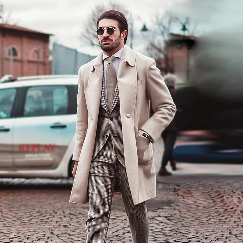 意式轻奢手工制双面呢西装羊绒大衣男秋冬燕麦色羊毛呢双排扣外套