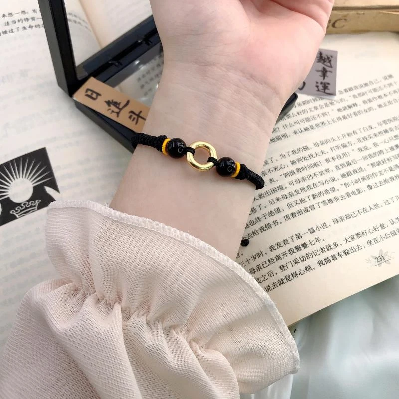 黄金平安扣情侣手链一对男女 999足金转运珠本命年金箍情人节礼物
