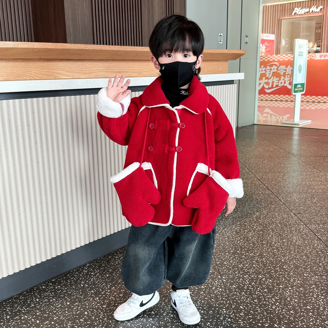 儿童红色新年加绒外套2025冬季新款男童冬装加厚毛呢大衣拜年衣服