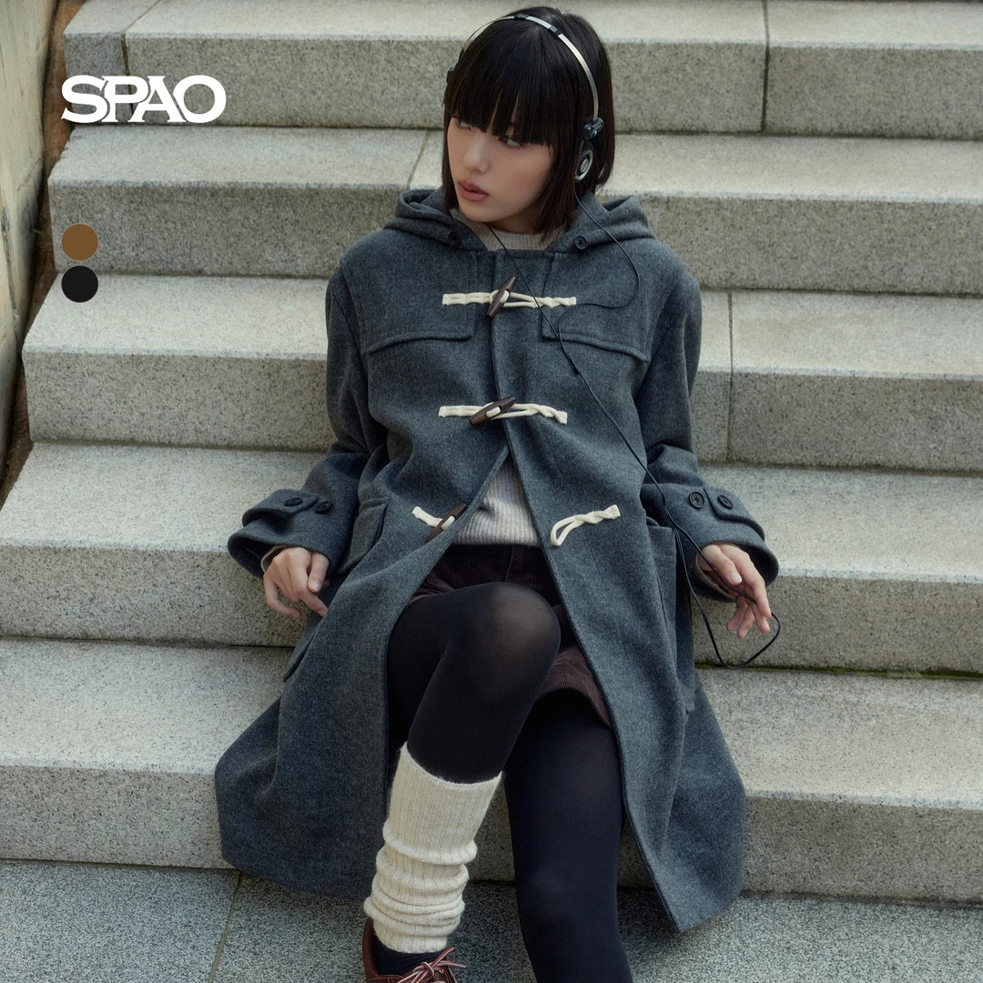 SPAO韩国同款2025年冬季新品时尚牛角扣连帽毛呢大衣SPJWF4VCY5