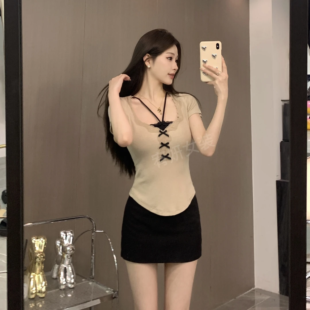 拼接假两件挂脖短袖t恤女纯欲修身紧短上衣 9320