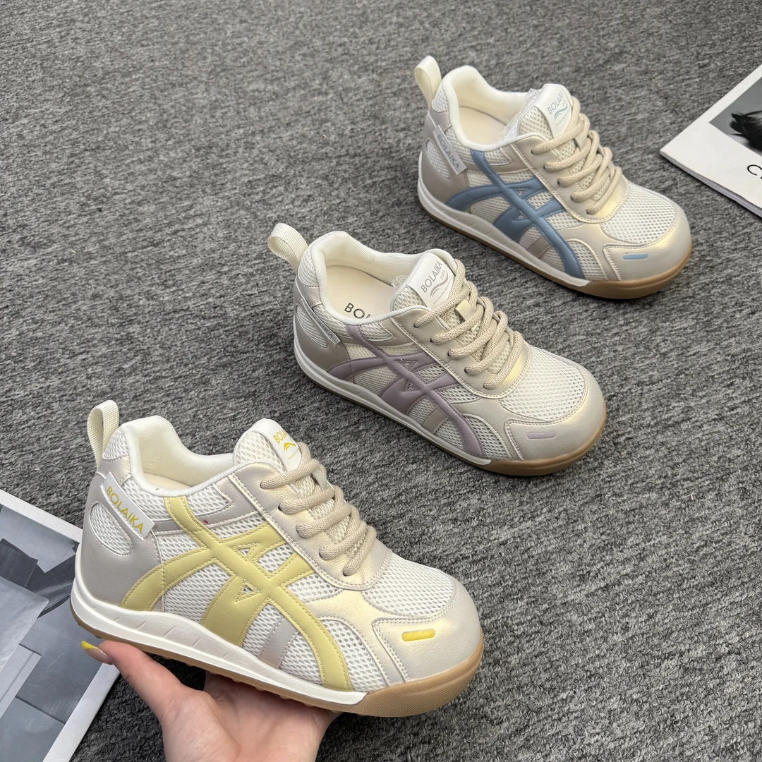 增高8cm春夏季运动厚底德训鞋系带内增高女鞋真皮百搭圆头女鞋