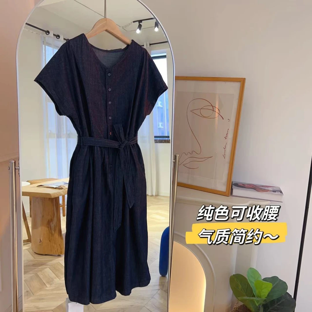 云朵定制 牛仔棉小V领系带连衣裙HL14