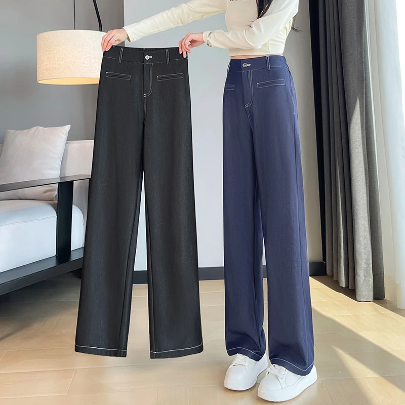 丹宁蓝阔腿牛仔裤女2025夏季薄新款高腰小个子拖地裤宽松直筒裤子