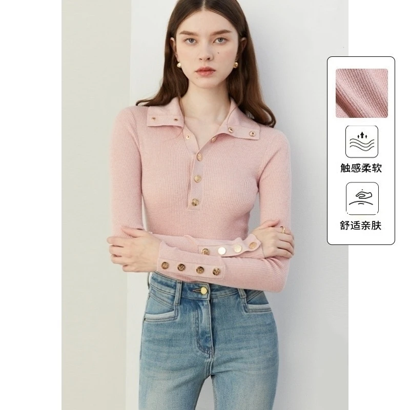 2025秋季新款粉色上衣女气质翻领含毛针织衫修身打底衫