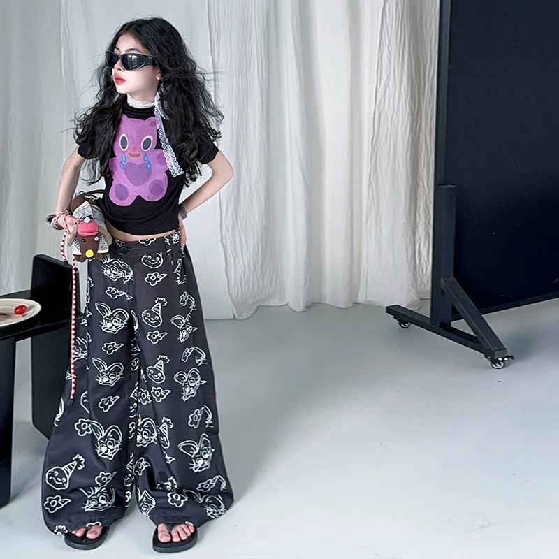 夏季涂鸦套装2025新款童装时尚潮流休闲炸街宽松阔腿裤两件套