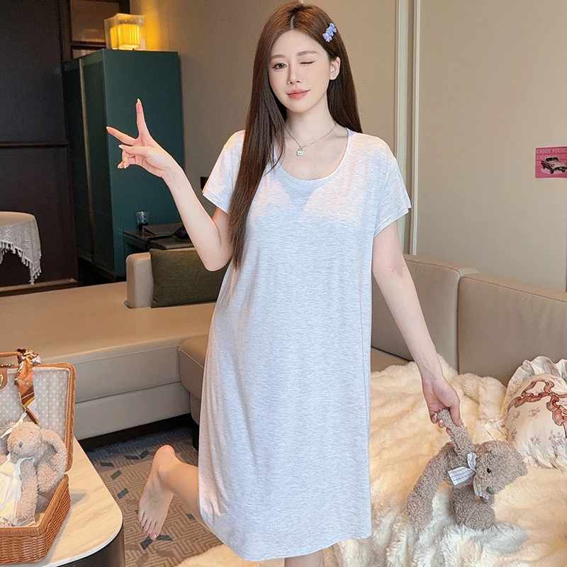凉感大码200斤睡裙女夏季天莫代尔柔软胖MM薄款短袖宽松睡衣纯色