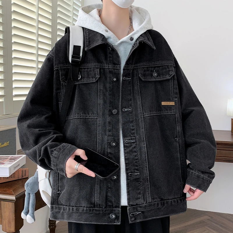复古牛仔外套男春季新款黑色做旧潮牌夹克青少年美式休闲高级褂子
