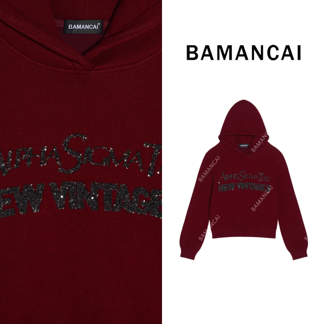 Bamancai-安可拉红秋冬连帽卫衣女重工刺绣亮片字母洋气外套Z0037