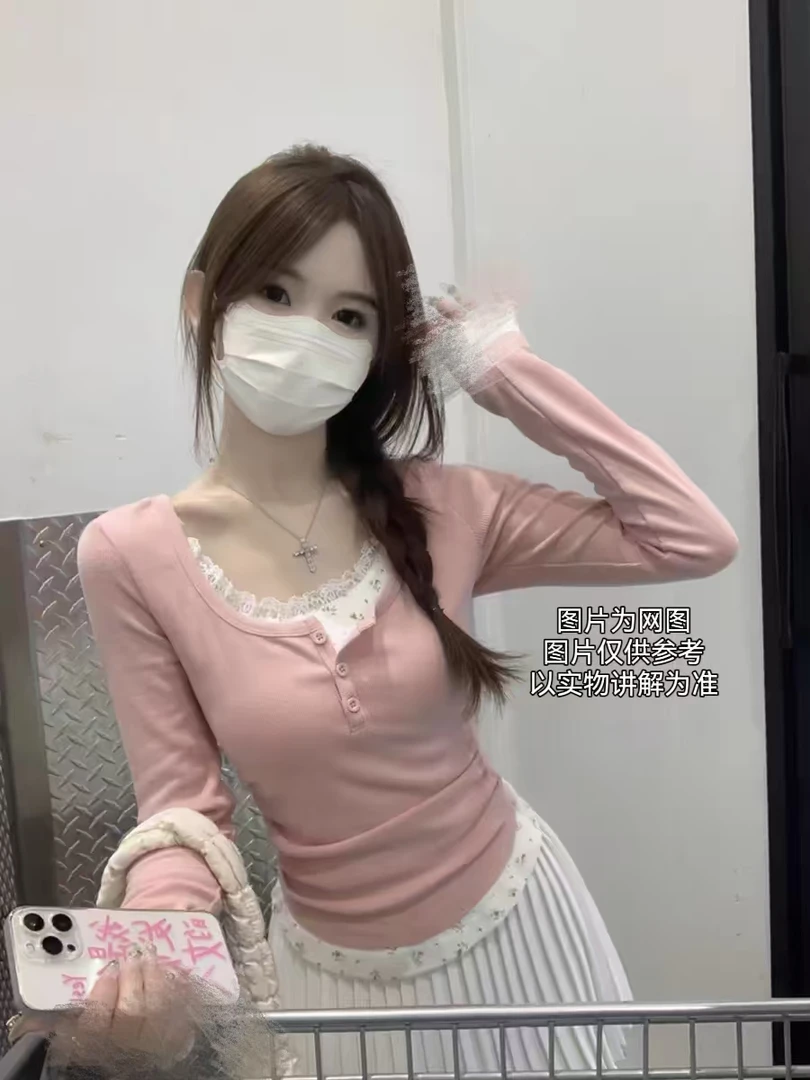 2025春季新款大码女装甜美纯欲假两件拼接花边上衣