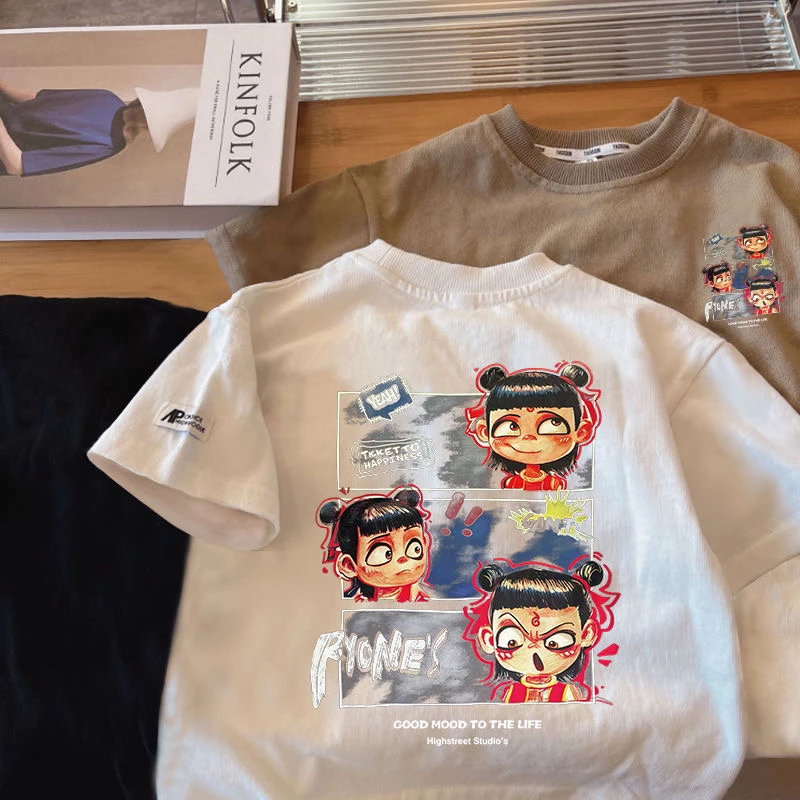 儿童服装潮牌哪吒衣服短袖T恤男女童100%纯棉时髦休闲上衣亲子装