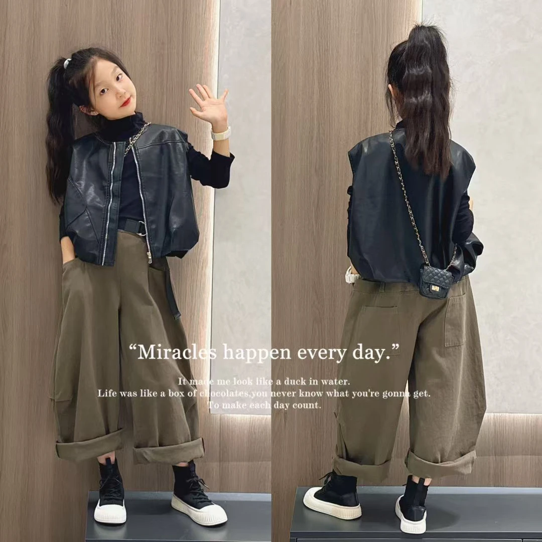 女童黑色马甲2025新款洋气时髦韩系大童秋装坎肩背心外套上衣套装