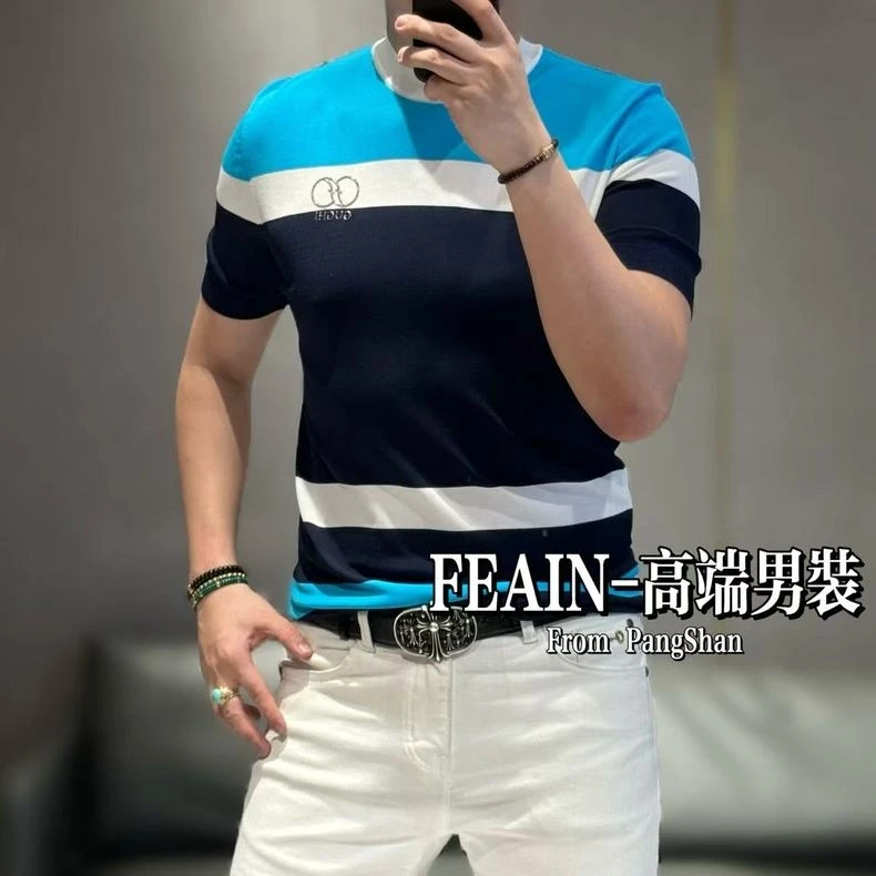 度尚-2025新款男士夏季高品质冰麻针织时尚潮流圆领撞色短袖t恤