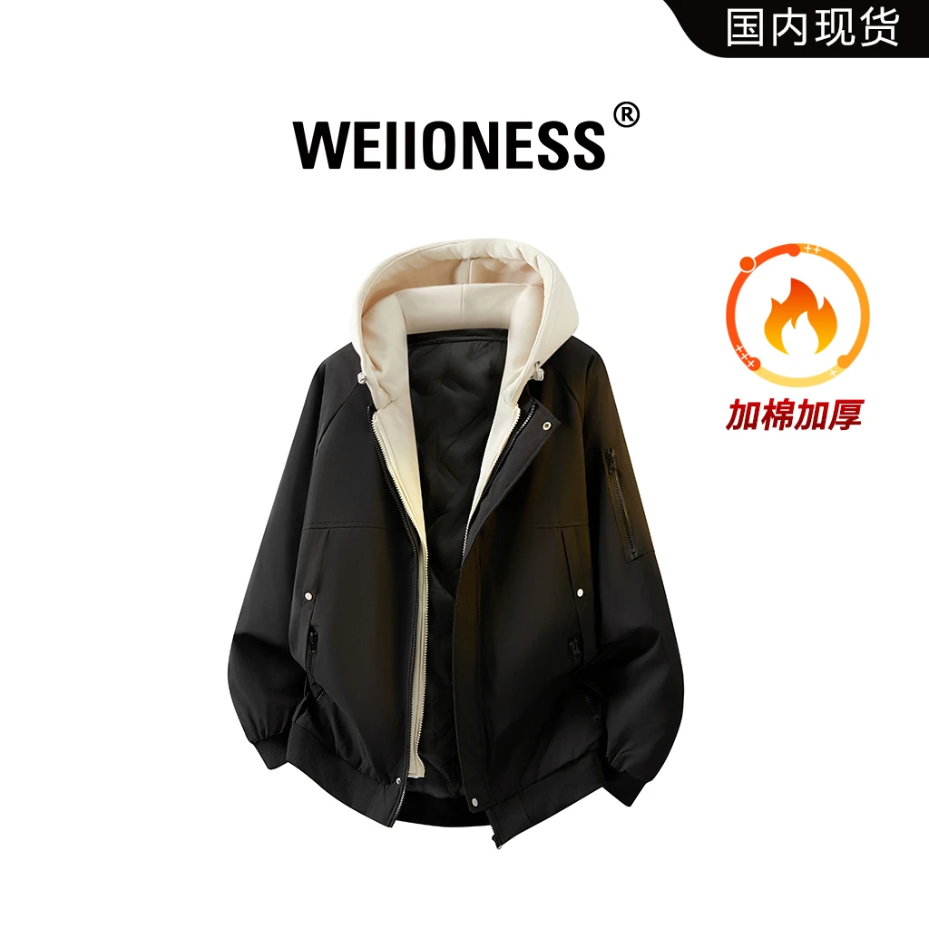 WEIIONESS拼接连帽棉衣男冬季假两件休闲外套高级感痞帅男生衣服