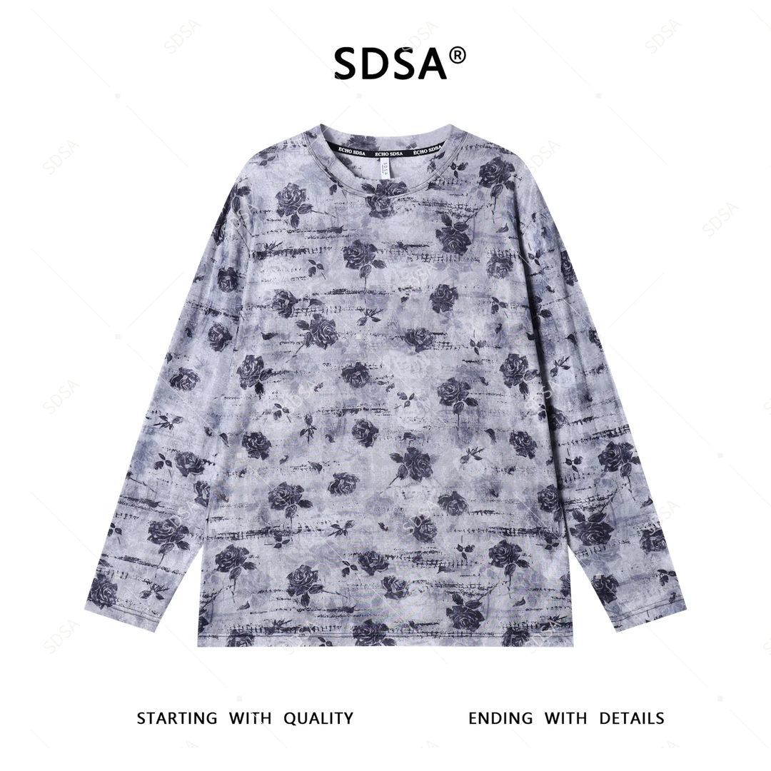 SDSA夏季新款男士痞帅老钱风玫瑰花图案圆领长袖T恤简约舒适上衣