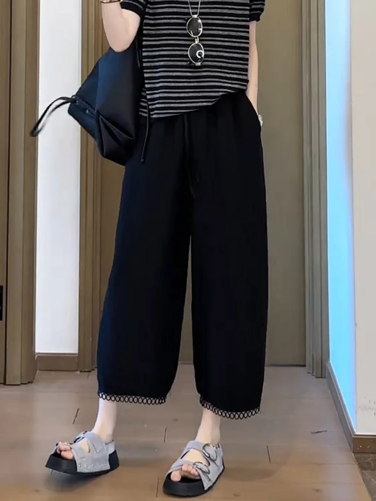 大码女装2025夏季薄款高腰镂空花边休闲裤胖mm宽松显瘦八分阔腿裤
