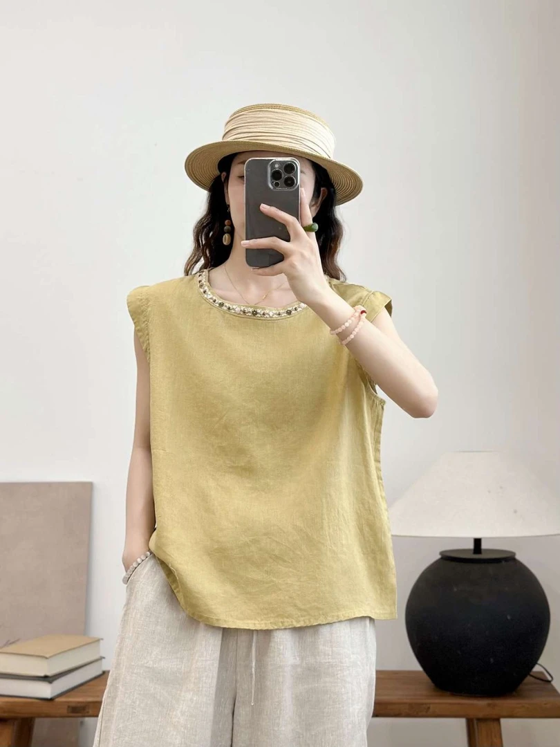 【2588】夏季新款贴布花边休闲小飞袖亚麻珠绣纯色上衣小衫