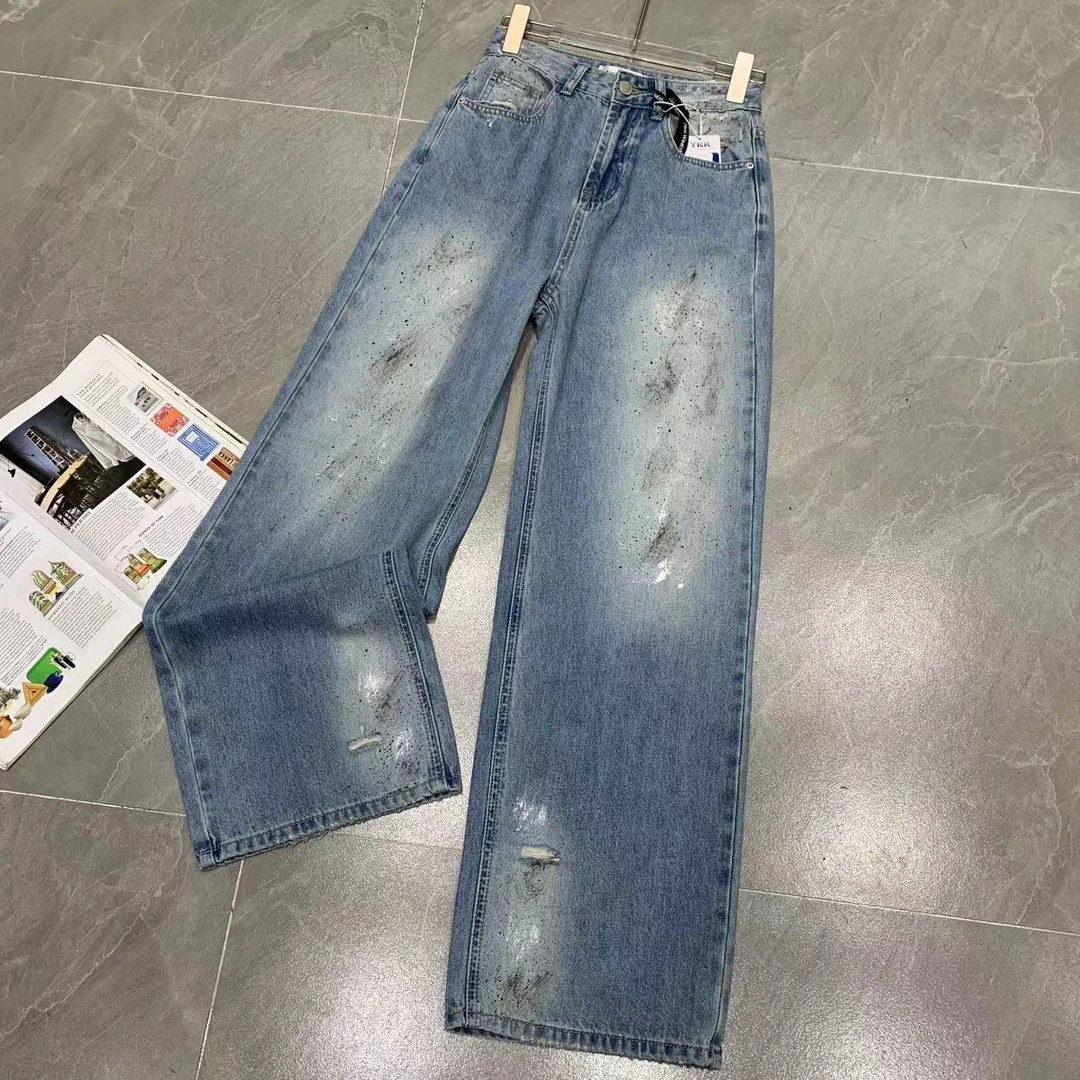 Manmi 复古破洞漆点涂鸦牛仔直筒裤 86171