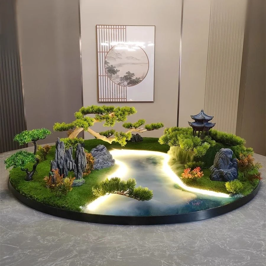 餐桌中间摆花喷雾化流水灯光遥控桌摆转盘花摆圆桌芯装饰酒店专用