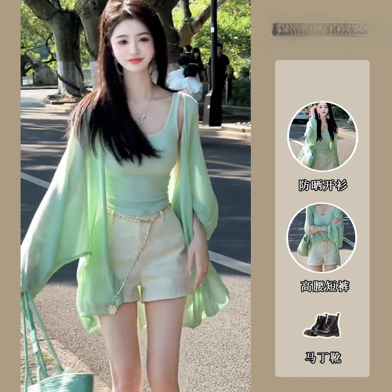 纯欲风辣妹套装女2025夏季开衫外套吊带上衣高腰短裤子三件套