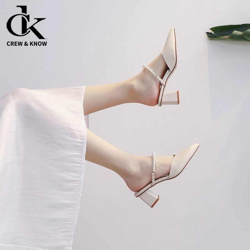 【CK官方正品】半拖女外穿2025年夏季新款尖头时尚气质粗跟懒人高