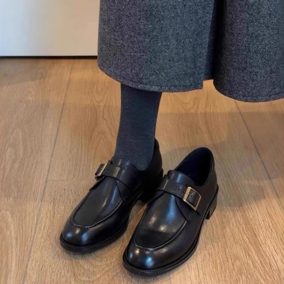 羊皮版~通勤单鞋女皮带扣真皮乐福鞋女复古风显瘦低跟百搭小皮鞋
