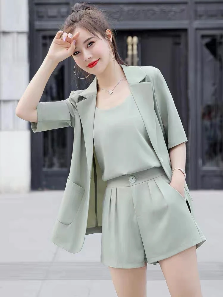 0737短裤西装套装女夏季新款韩版小个子洋气休闲雪纺两件套